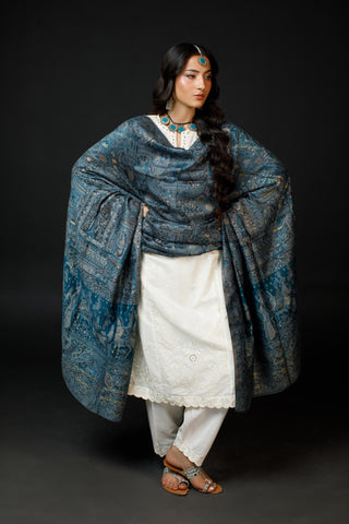Regal Mughal Dynasty Shawl - Midnight Sapphire