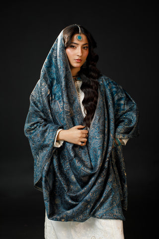 Regal Mughal Dynasty Shawl - Midnight Sapphire