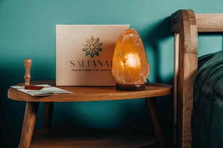 electric salt lamp glowing on a table in a beautiful indoor setting