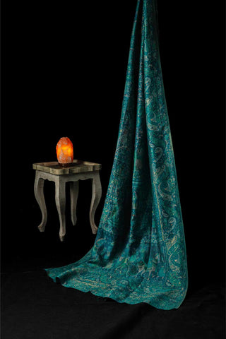 Regal Mughal Dynasty Shawl - Empress Teal: A Timeless Statement Piece. Made with premium Kani Silk from the handmade artists of Kashmir