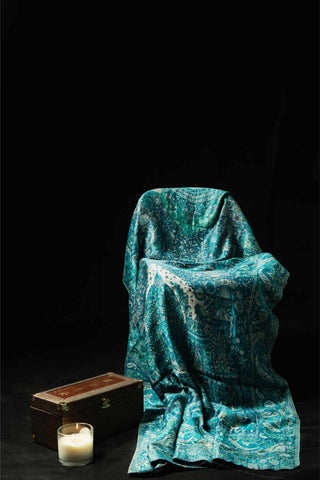 Regal Mughal Dynasty Shawl - Empress Teal: A Timeless Statement Piece. Made with premium Kani Silk by artists of Kashmir. Completely handmade.